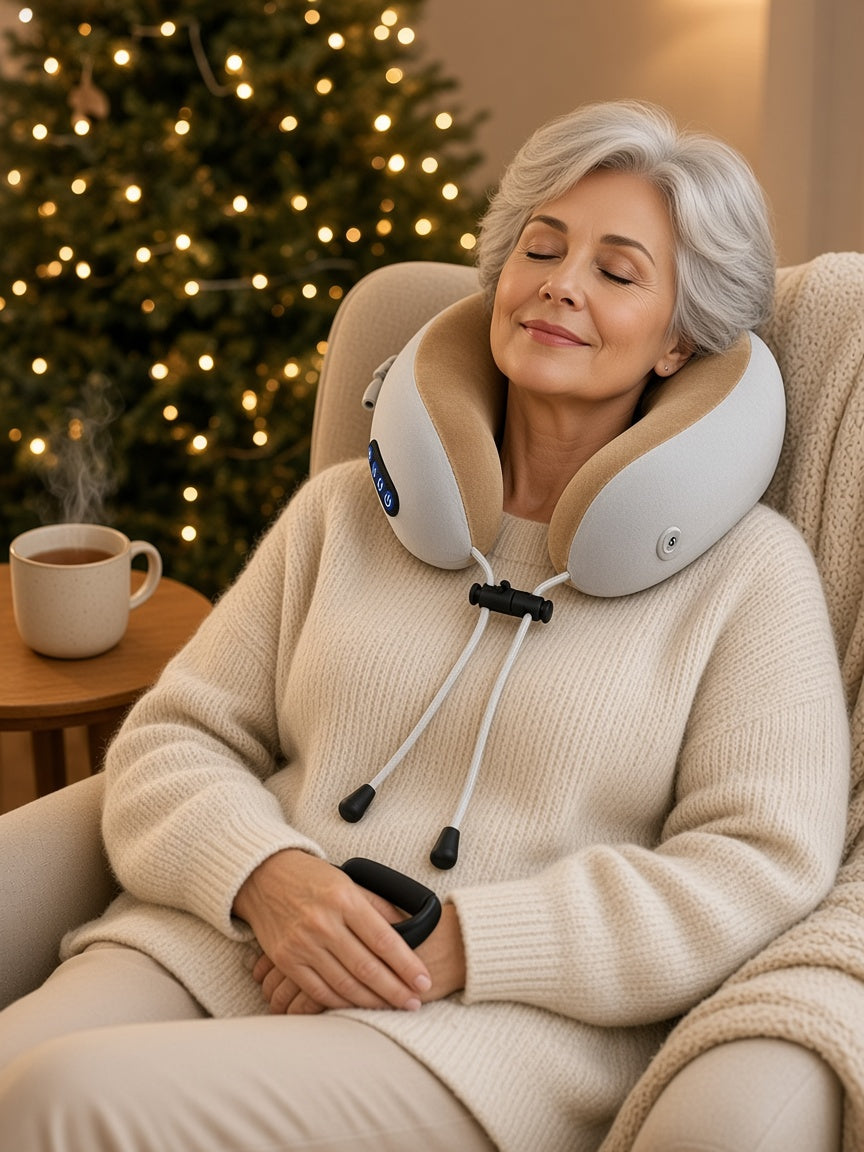 Woman relaxing in an armchair by a Christmas tree wearing the cordless heated neck massager pillow