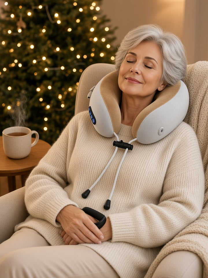 Woman relaxing in an armchair by a Christmas tree wearing the cordless heated neck massager pillow