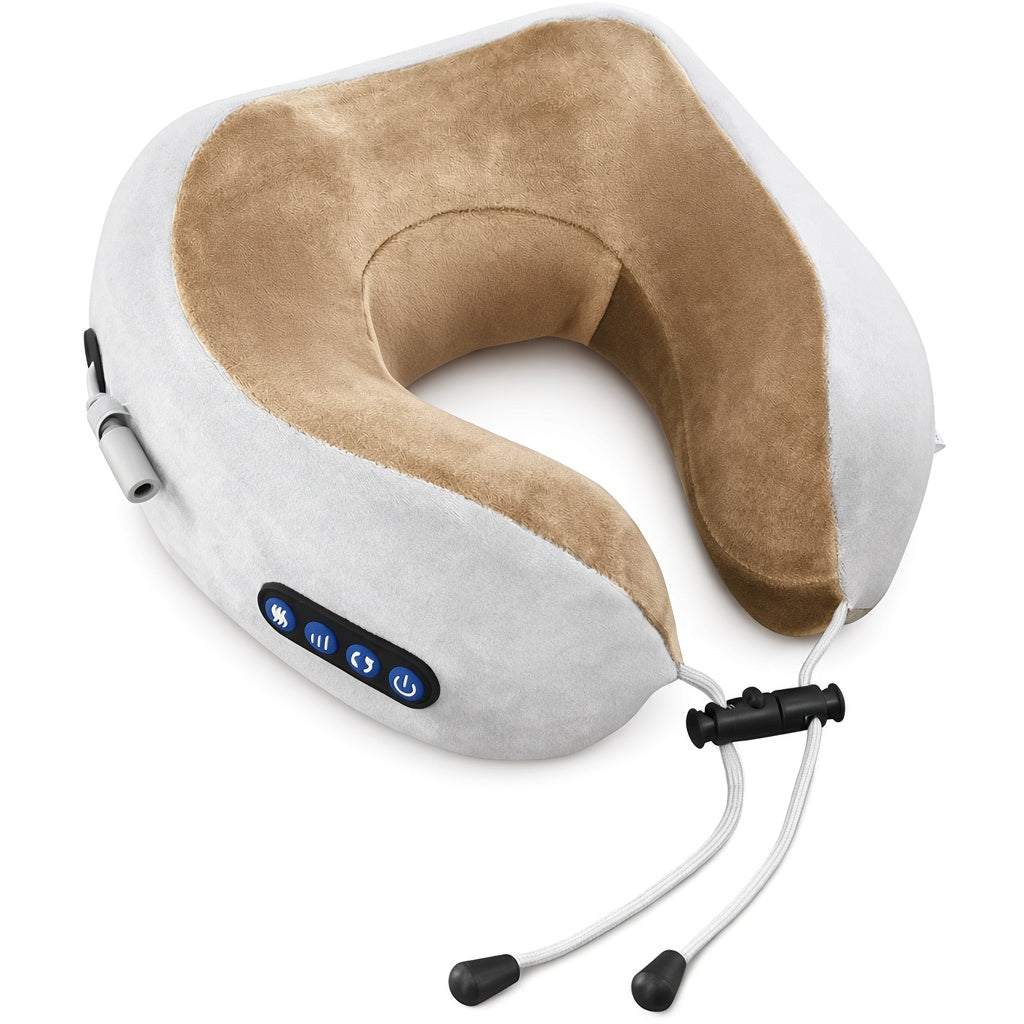 Cordless heated U-shaped neck massager pillow in gray and tan velvet with control buttons and adjustable pull cords