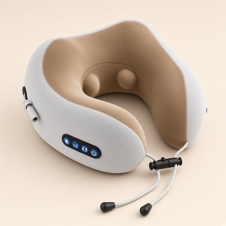 Neck massager pillow showing the two kneading nodes inside the soft tan velvet